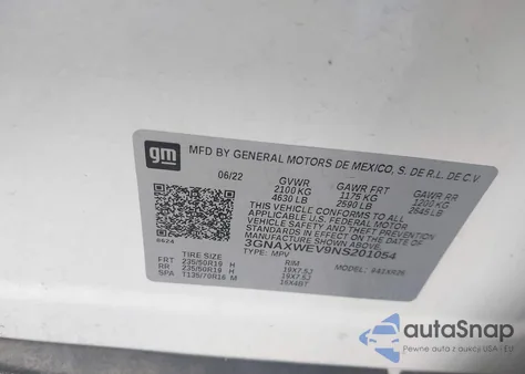 2022 Chevrolet Equinox Awd Rs z USA, uszkodzony, nr VIN 3GNAXWEV9NS201054